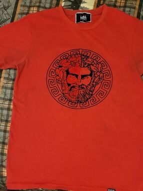 Men's Red Graphic Crew Neck Tee with Greek God Medallion Face